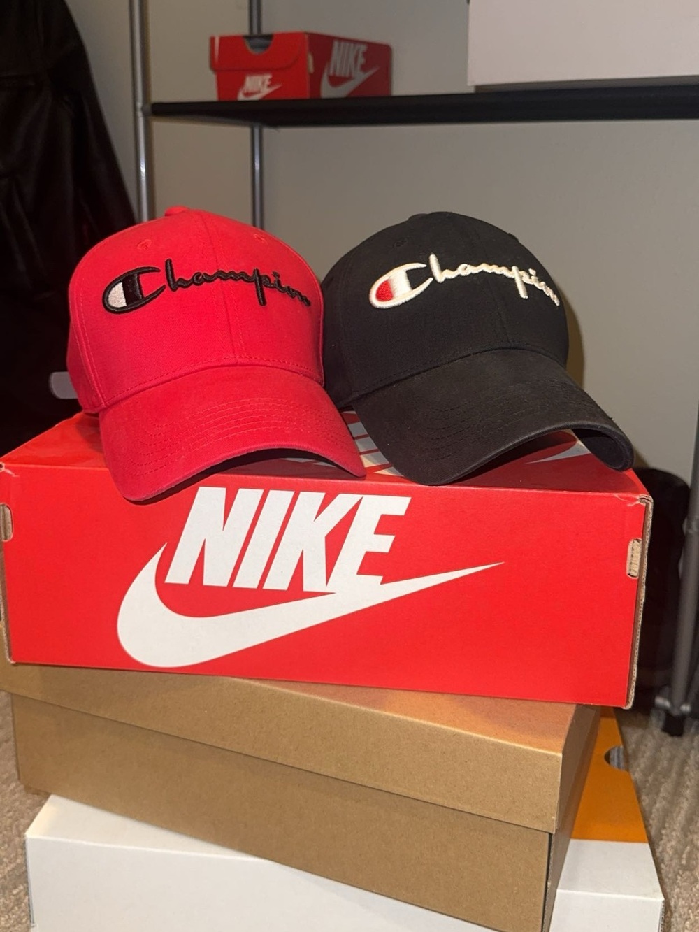 Champion Red & Black Script Logo Baseball Hats